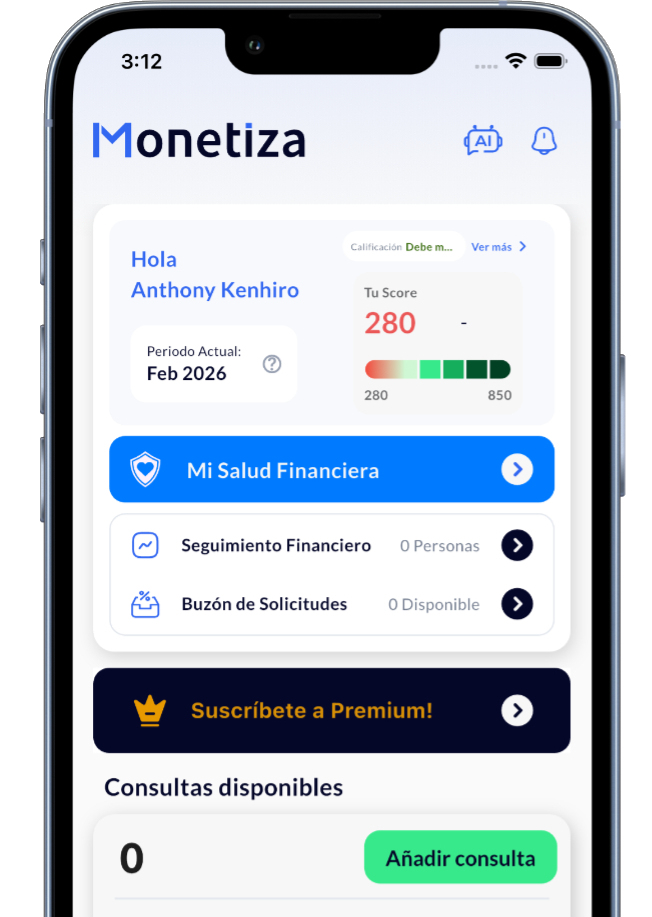 Monetiza app interface showing credit score dashboard