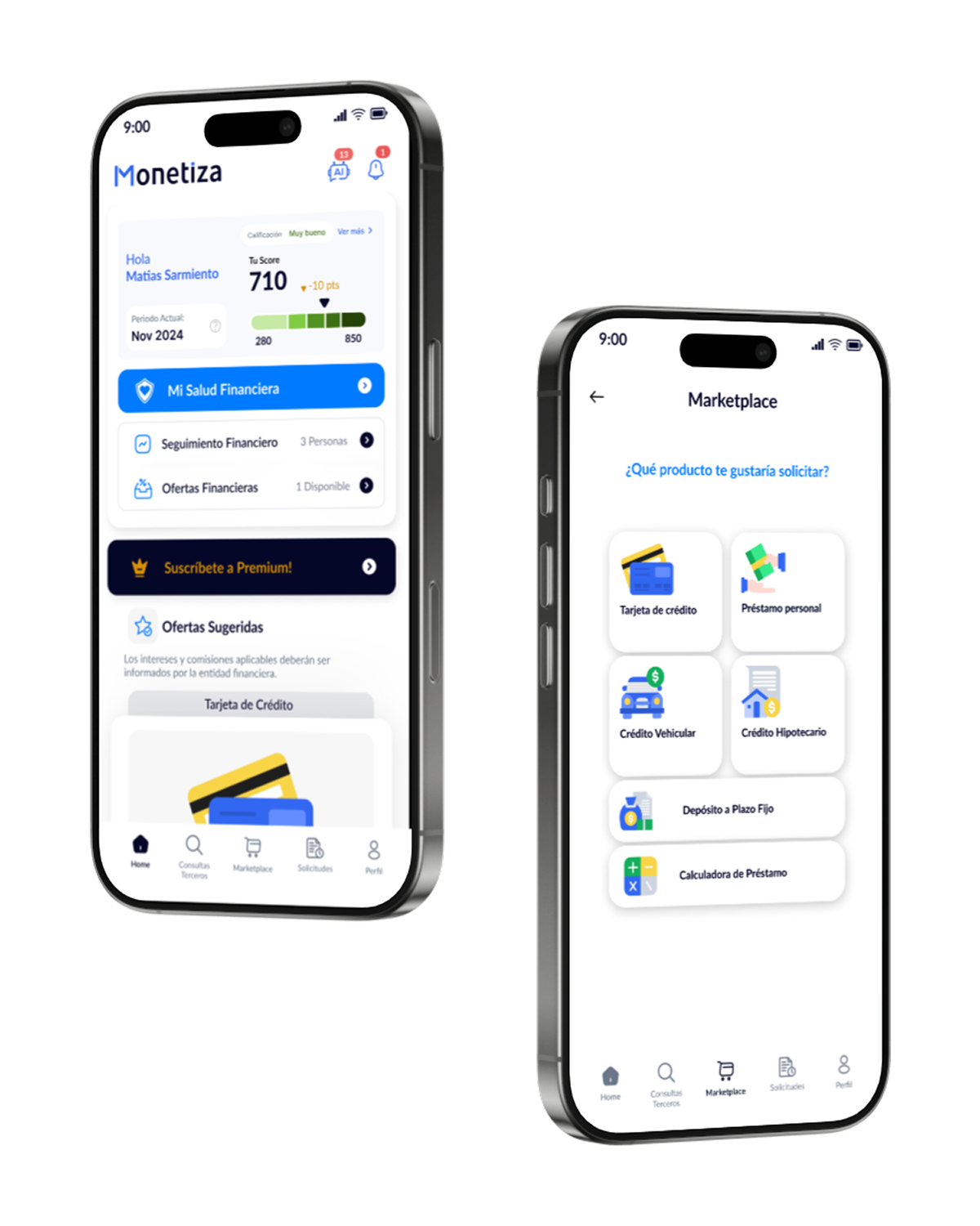 Monetiza personal-finance app home screen showing accounts list, subscription gating, and AI-categorised transactions.